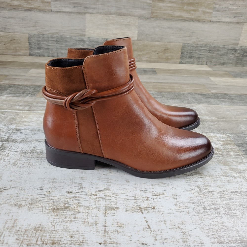 Spring Step Ornela Womens Ankle Booties Sz 8.5 Cognac Leather Side Zipper